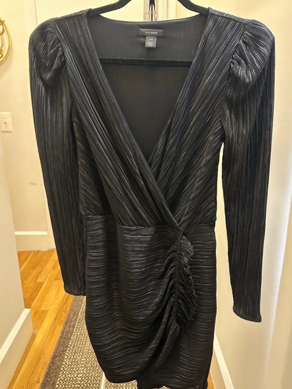 Halogen Black Pleated Wrap-Style Mini Dress